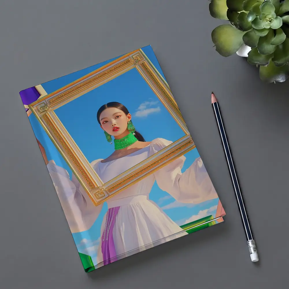 Korean Girl Holding Gold Frame Blue Sky – Notebooks