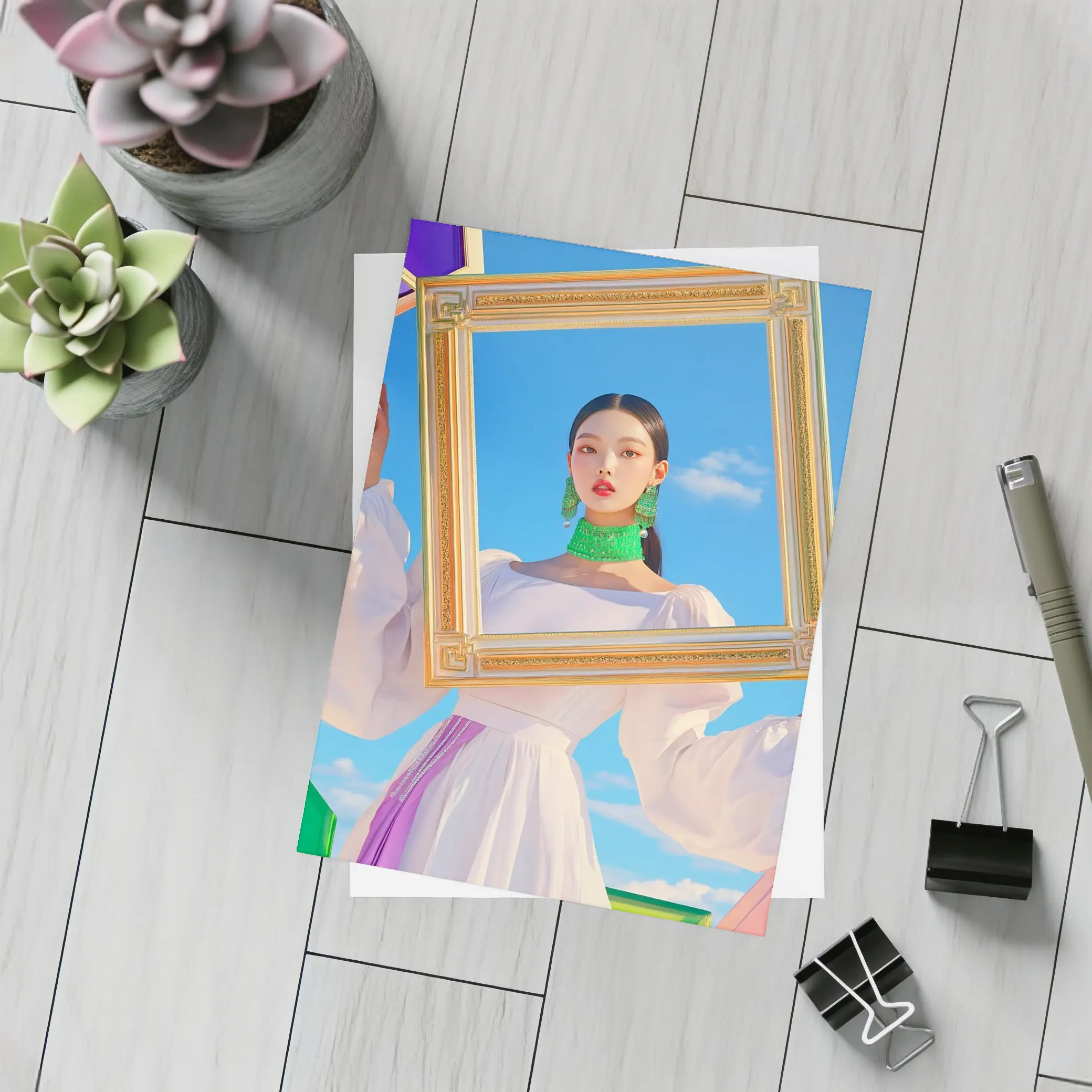 Korean Girl Holding Gold Frame Blue Sky – Postcards