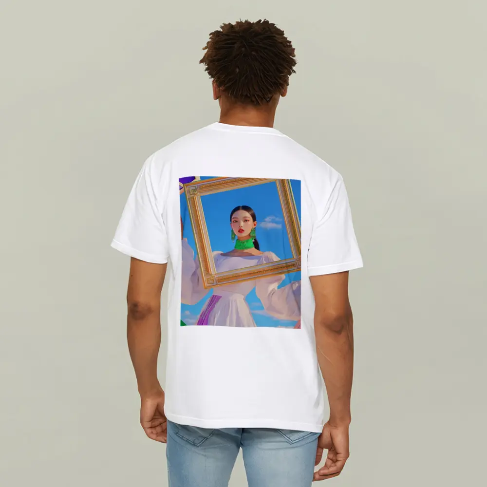 Korean Girl Holding Gold Frame Blue Sky – T-Shirts