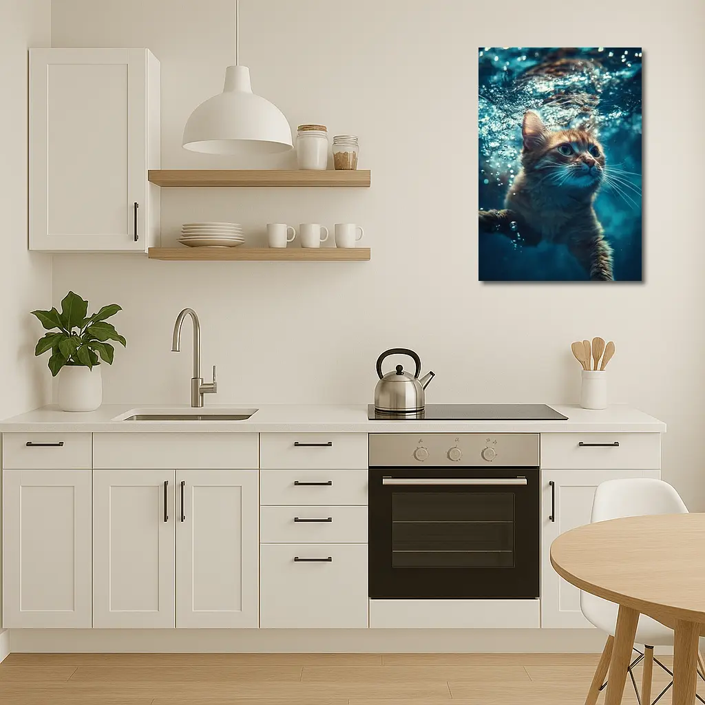 Orange Cat Swimming Underwater Blue Water – Wall Art