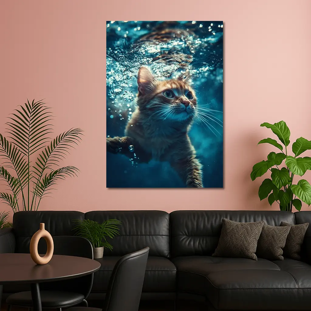 Orange Cat Swimming Underwater Blue Water – Wall Art