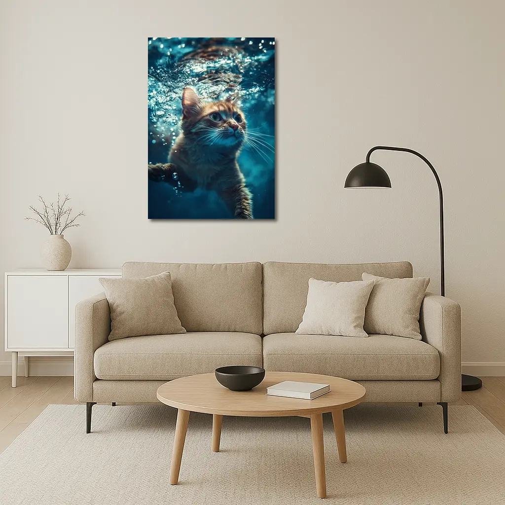 Orange Cat Swimming Underwater Blue Water – Wall Art