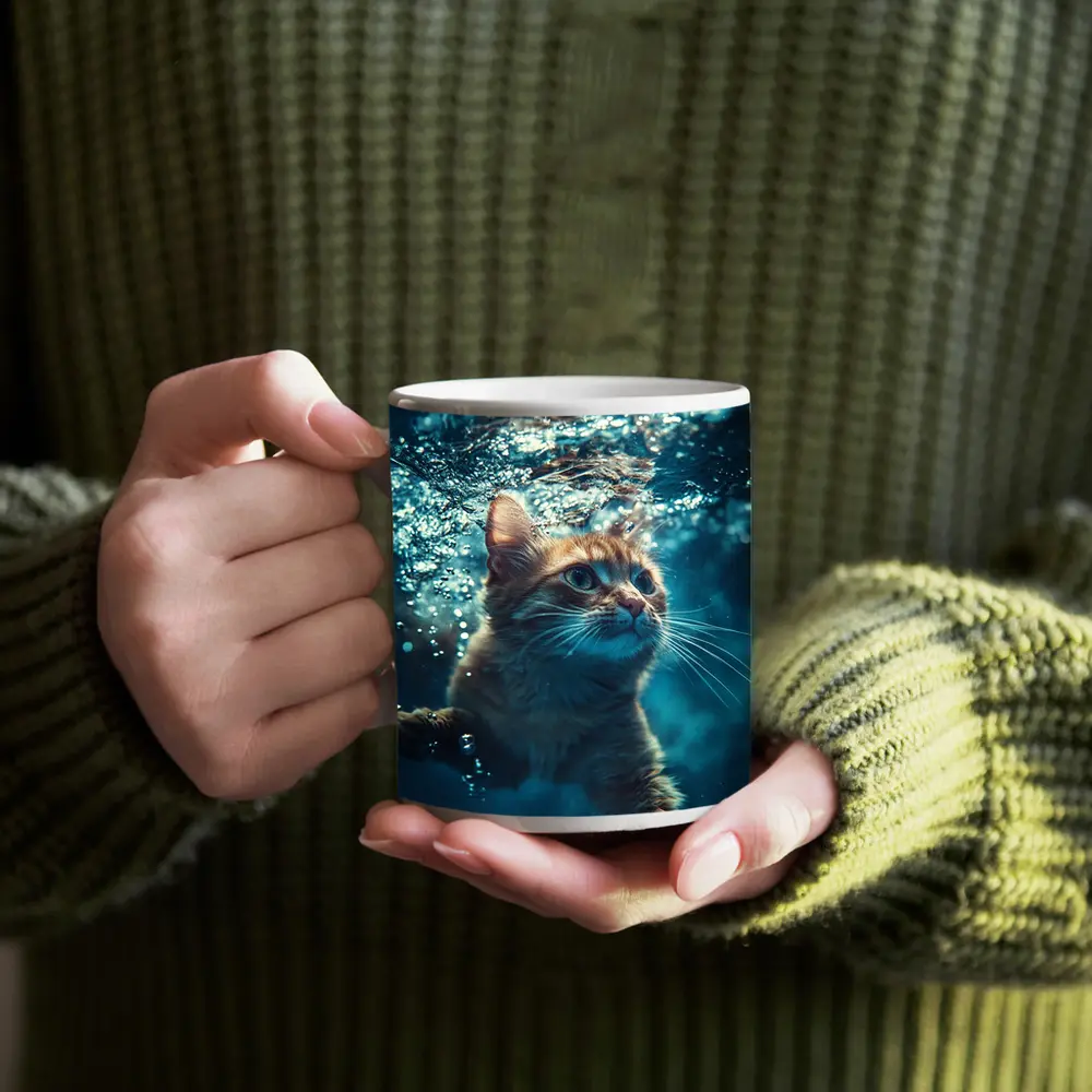 Orange Cat Swimming Underwater Blue Water – Mugs