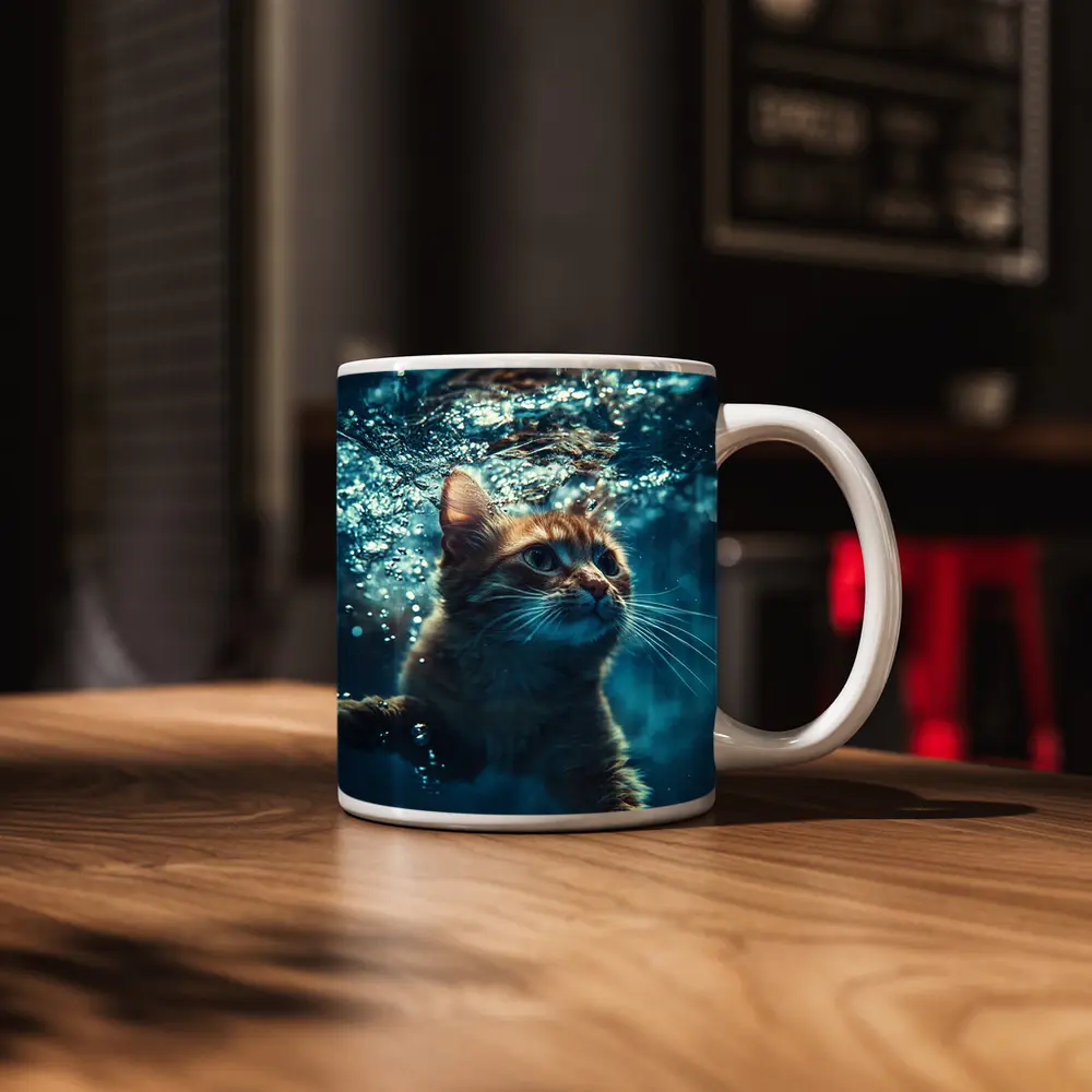 Orange Cat Swimming Underwater Blue Water – Mugs