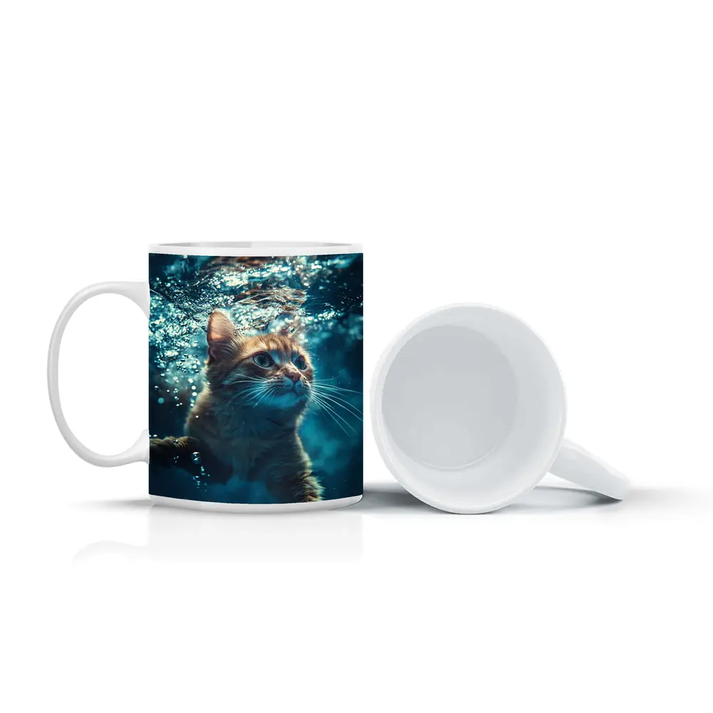 Orange Cat Swimming Underwater Blue Water – Mugs