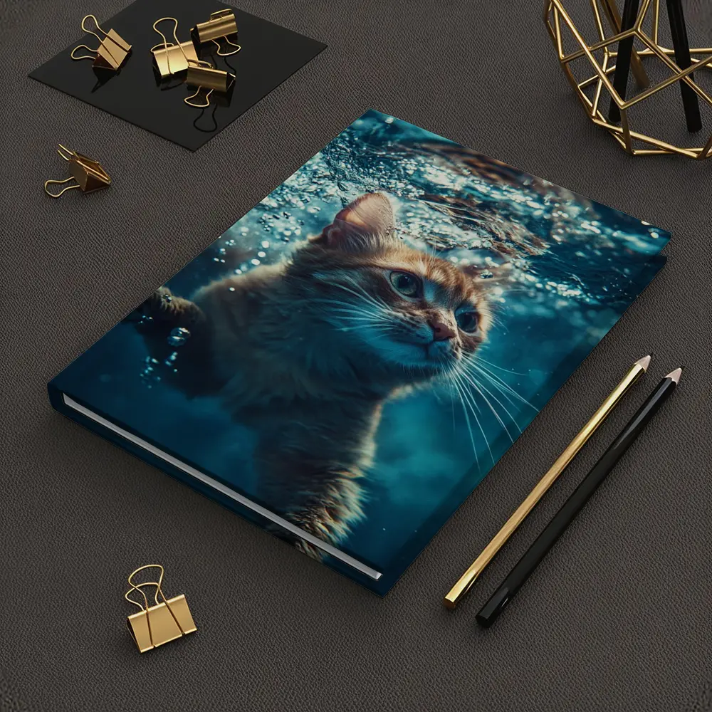 Orange Cat Swimming Underwater Blue Water – Notebooks