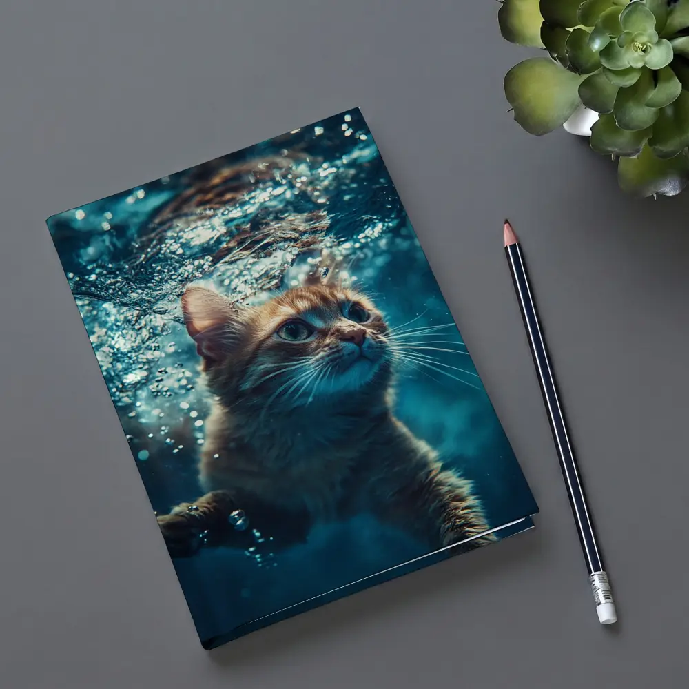 Orange Cat Swimming Underwater Blue Water – Notebooks