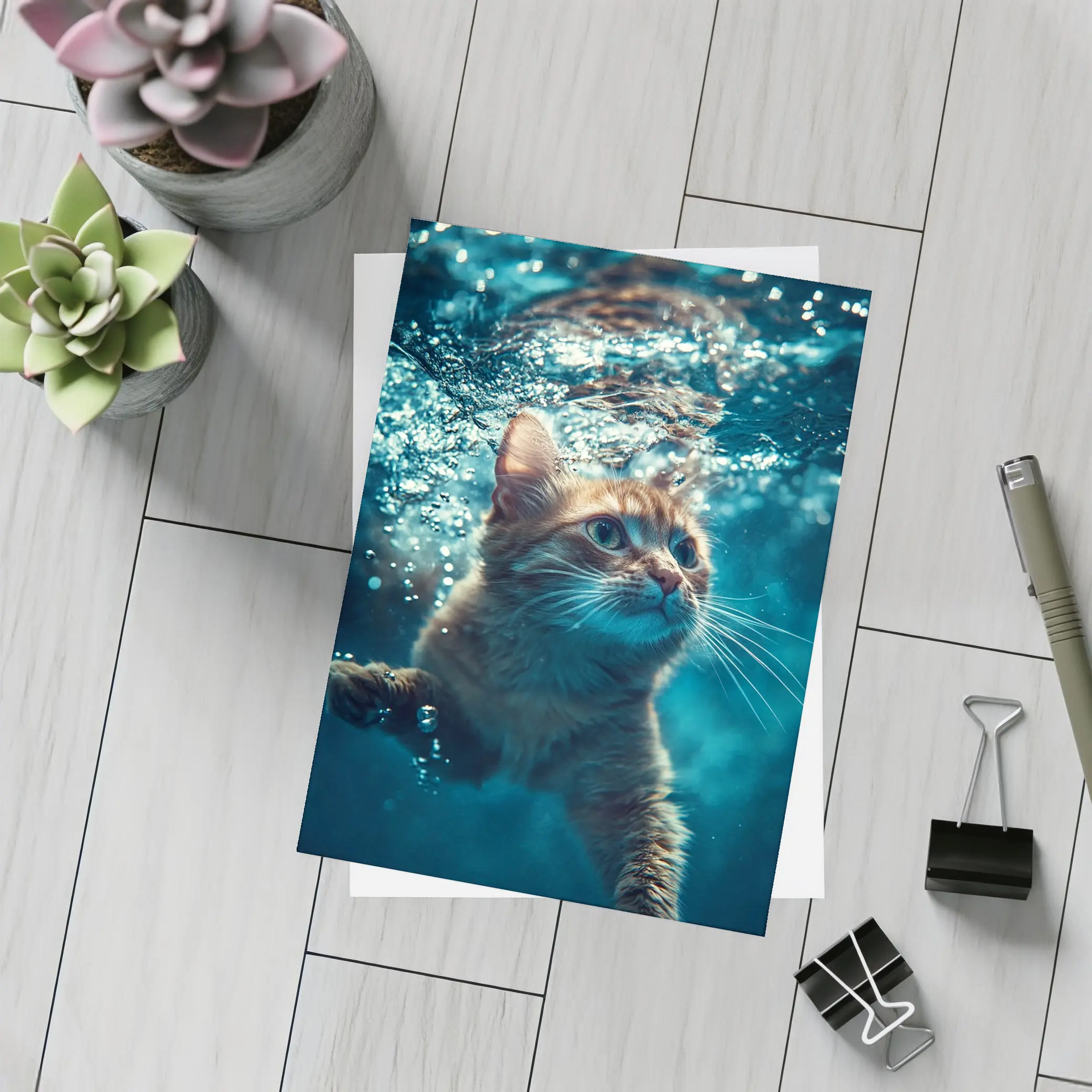 Orange Cat Swimming Underwater Blue Water – Postcards