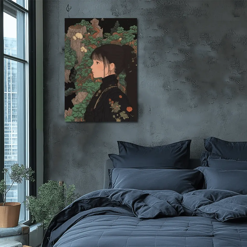 Japanese Illustration Girl Among Ancient Pine Trees – Wall Art