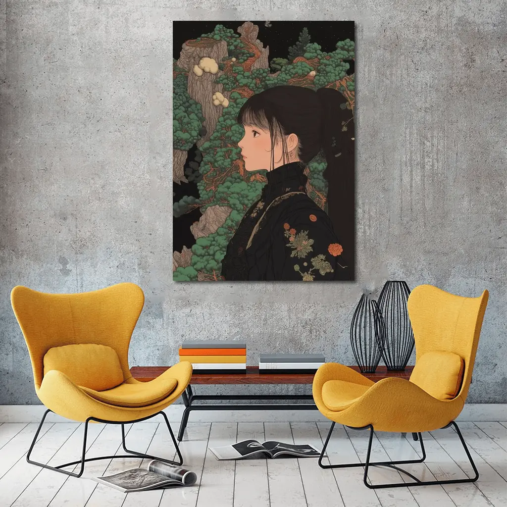 Japanese Illustration Girl Among Ancient Pine Trees – Wall Art