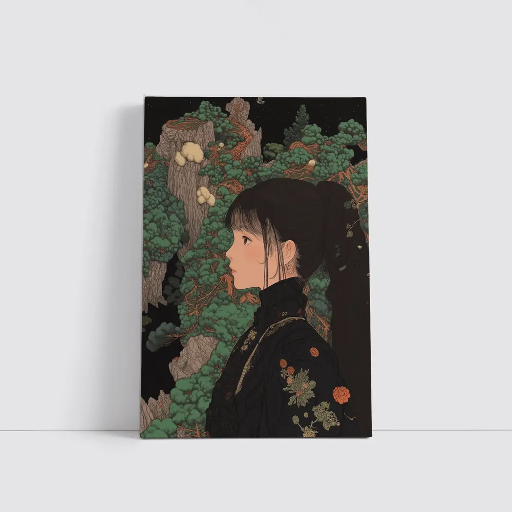 Japanese Illustration Girl Among Ancient Pine Trees – Wall Art