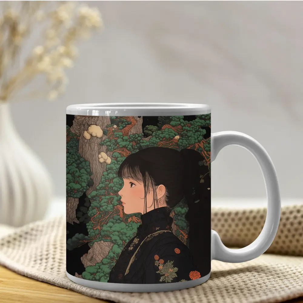 Japanese Illustration Girl Among Ancient Pine Trees – Mugs