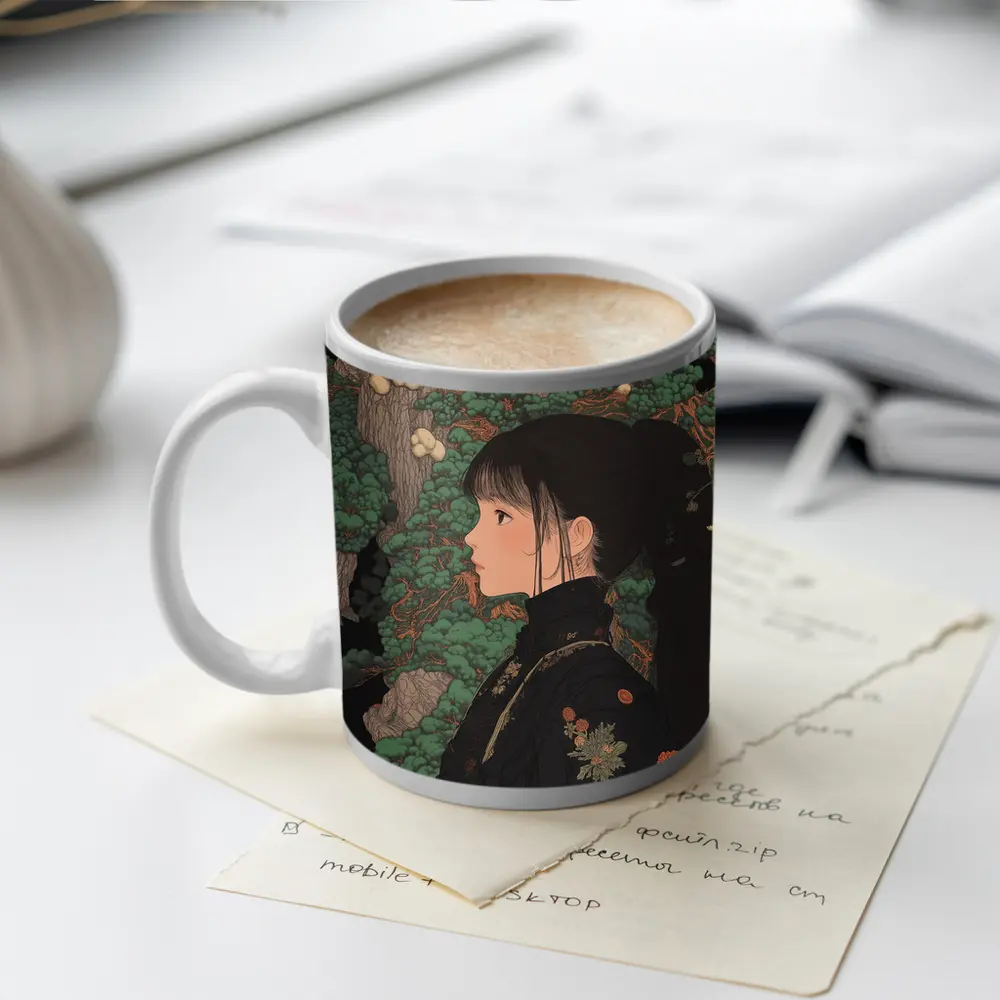 Japanese Illustration Girl Among Ancient Pine Trees – Mugs