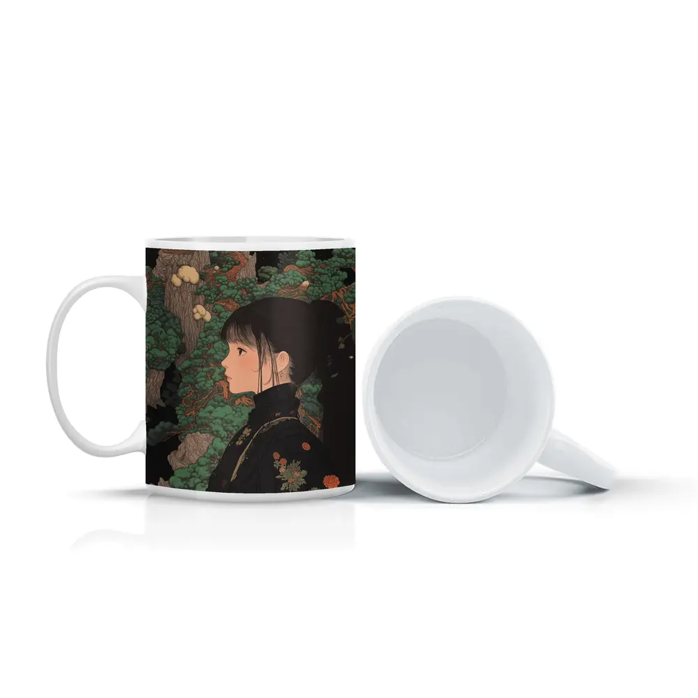 Japanese Illustration Girl Among Ancient Pine Trees – Mugs