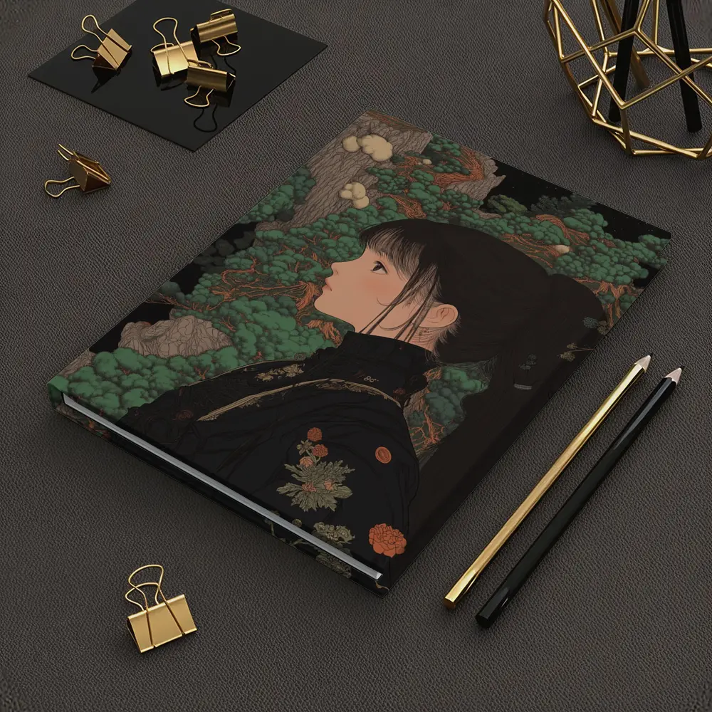 Japanese Illustration Girl Among Ancient Pine Trees – Notebooks