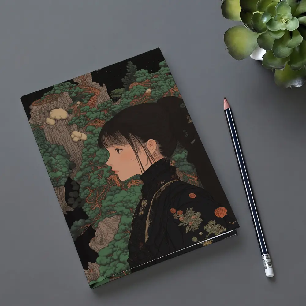 Japanese Illustration Girl Among Ancient Pine Trees – Notebooks