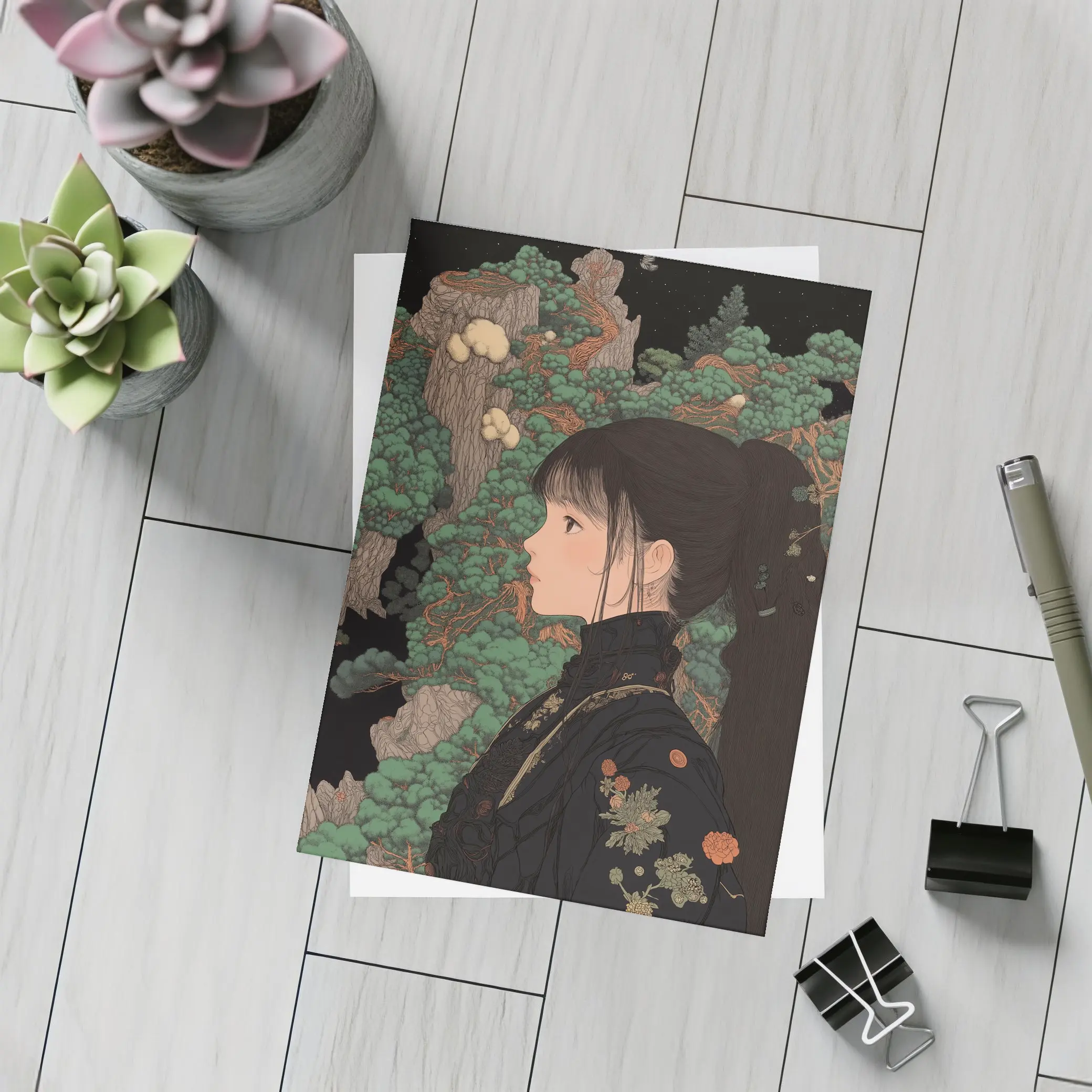 Japanese Illustration Girl Among Ancient Pine Trees – Postcards
