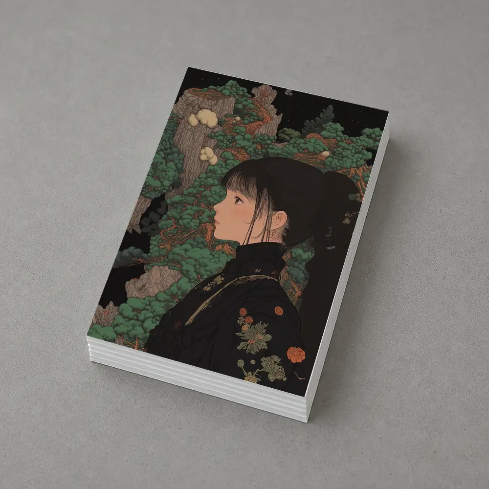 Japanese Illustration Girl Among Ancient Pine Trees – Postcards