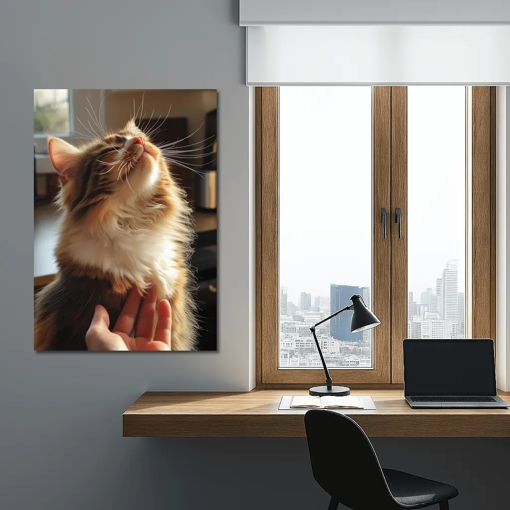 Fluffy Calico Cat Enjoying Indoor Chin Scratch – Wall Art