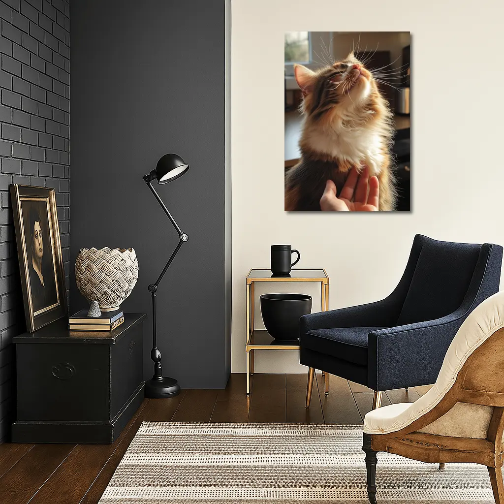 Fluffy Calico Cat Enjoying Indoor Chin Scratch – Wall Art