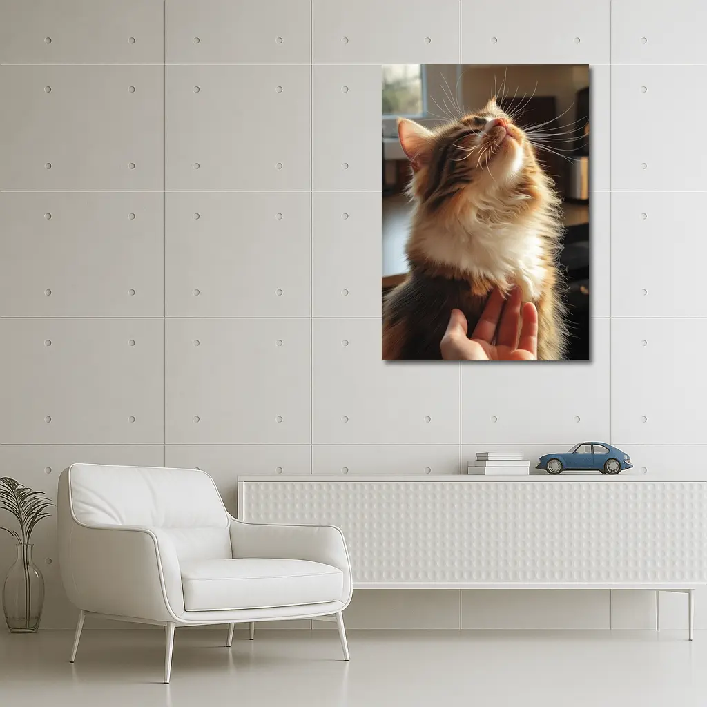 Fluffy Calico Cat Enjoying Indoor Chin Scratch – Wall Art