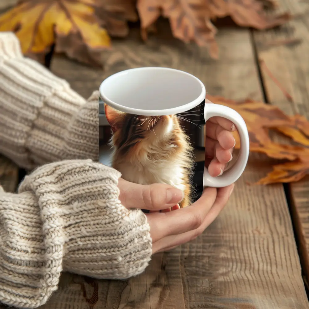 Fluffy Calico Cat Enjoying Indoor Chin Scratch – Mugs