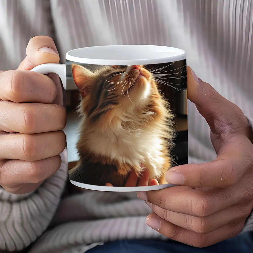 Fluffy Calico Cat Enjoying Indoor Chin Scratch – Mugs