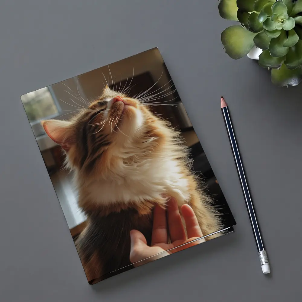Fluffy Calico Cat Enjoying Indoor Chin Scratch – Notebooks
