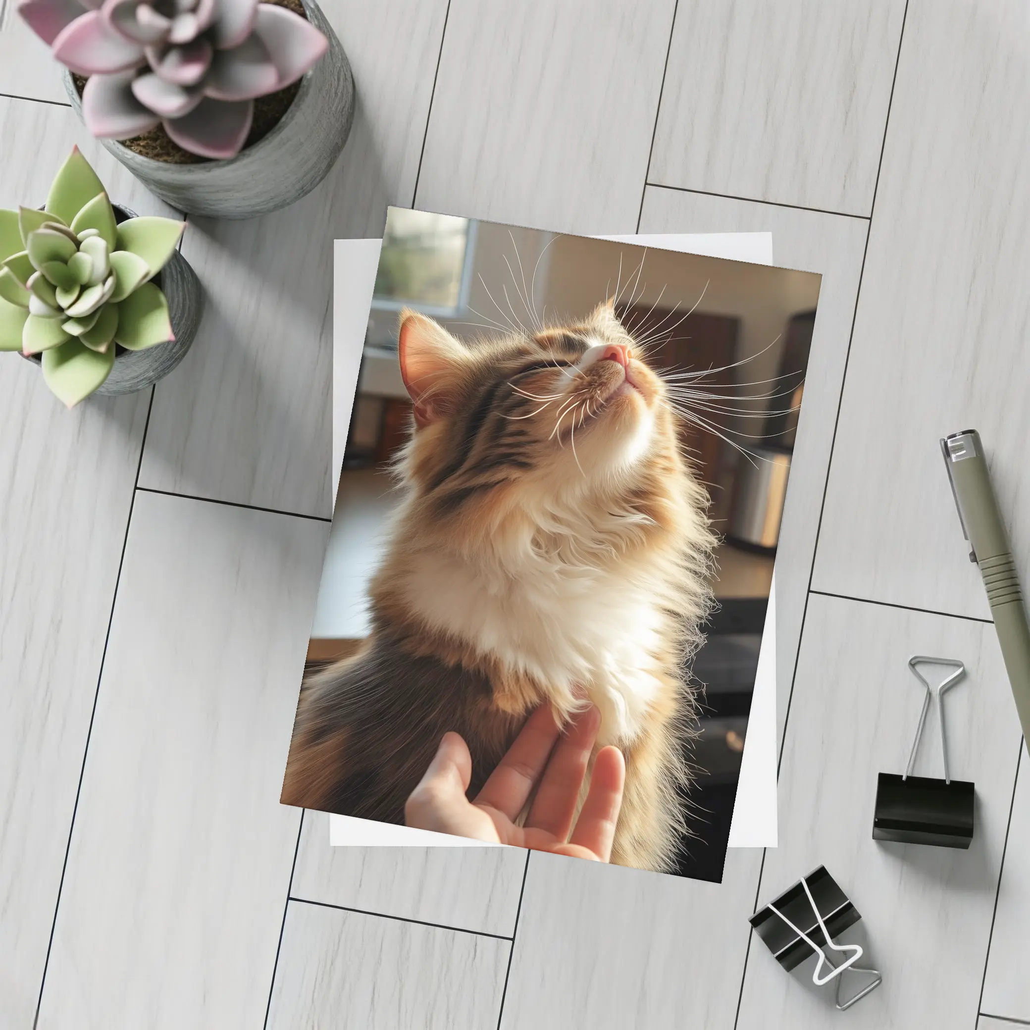 Fluffy Calico Cat Enjoying Indoor Chin Scratch – Postcards