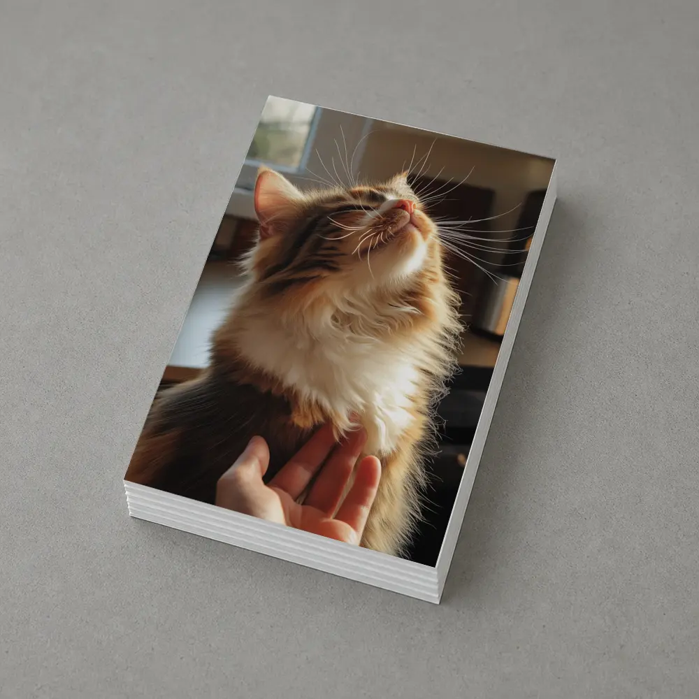 Fluffy Calico Cat Enjoying Indoor Chin Scratch – Postcards