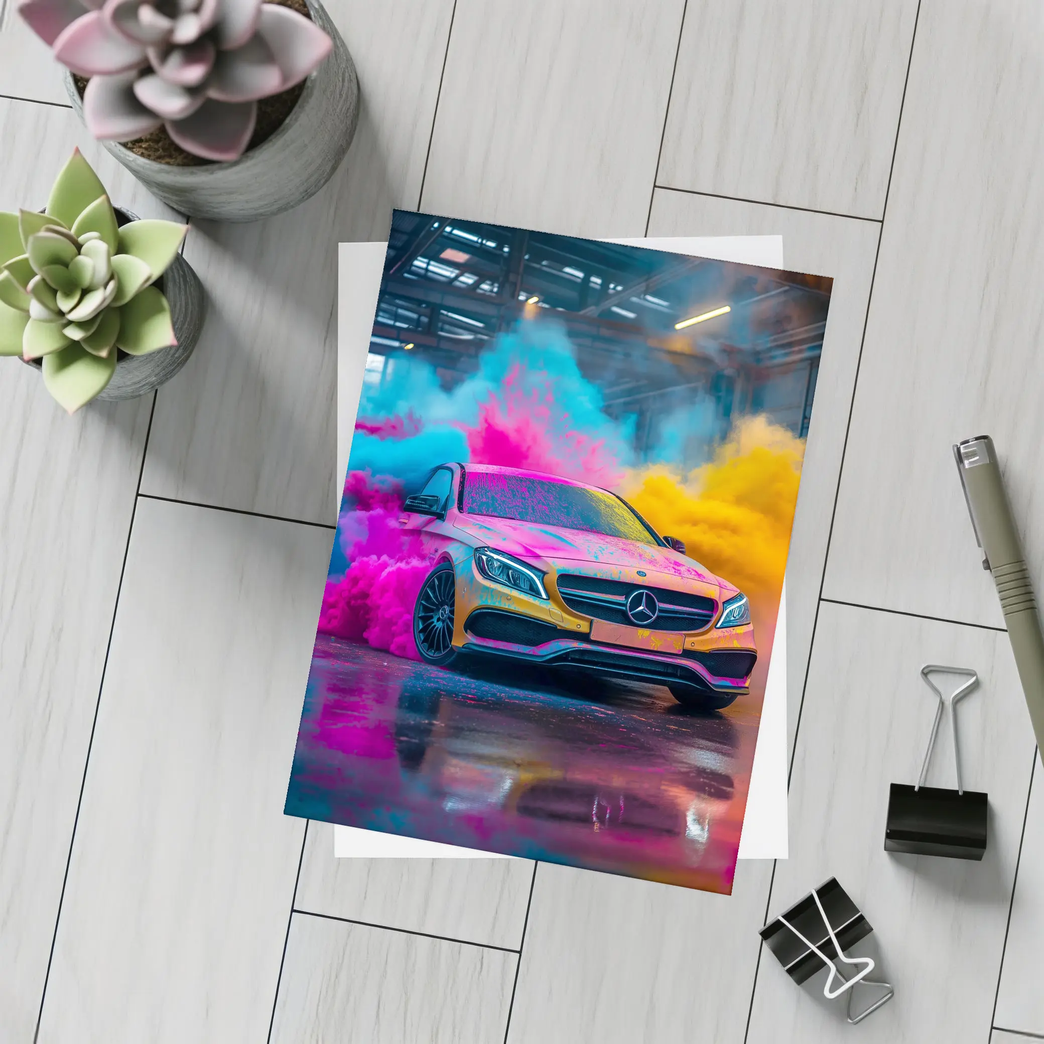 Mercedes C Class Colorful Smoke Industrial Garage – Postcards