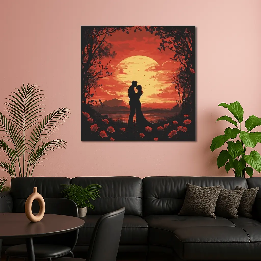 Romantic Couple Silhouette Red Moon Roses – Wall Art
