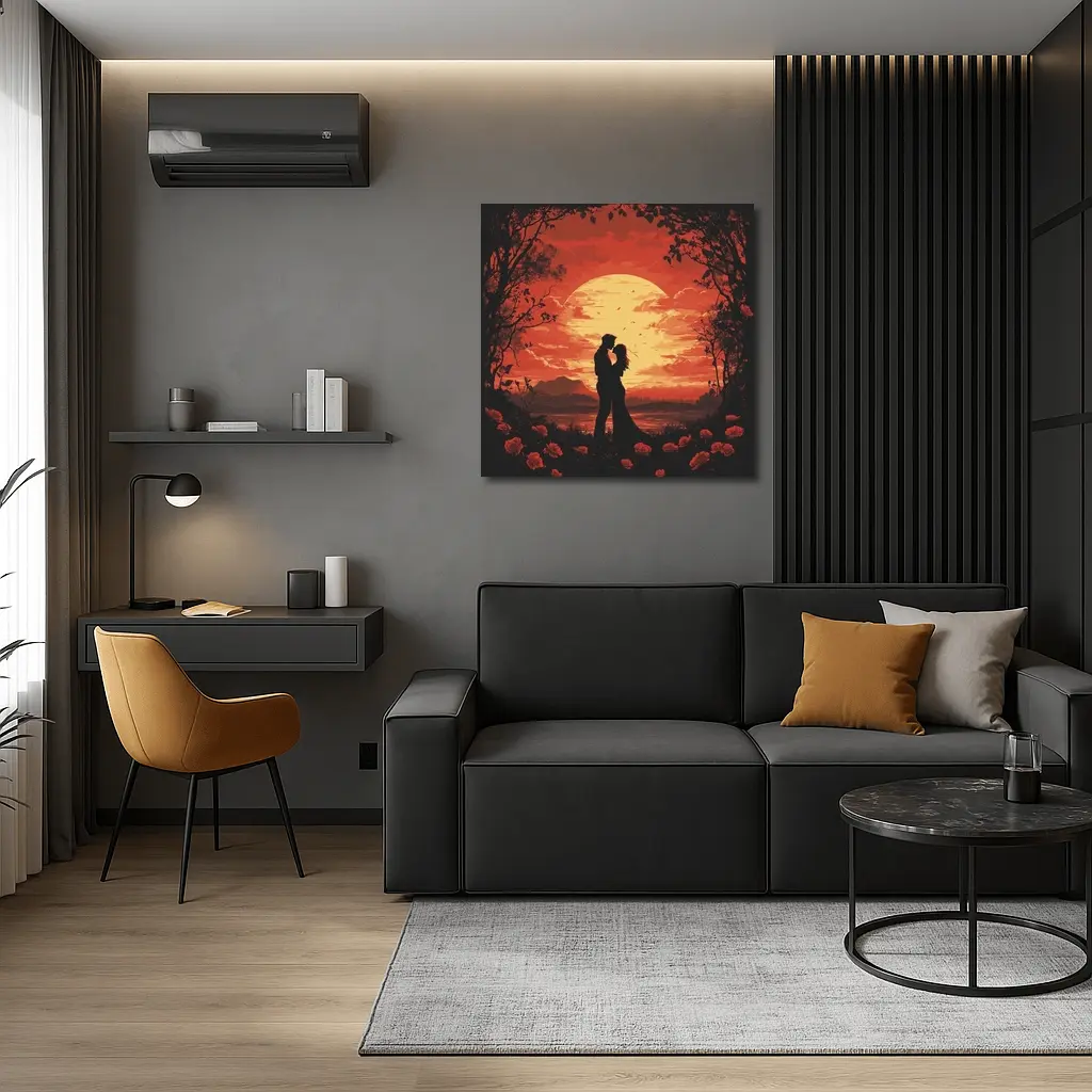 Romantic Couple Silhouette Red Moon Roses – Wall Art