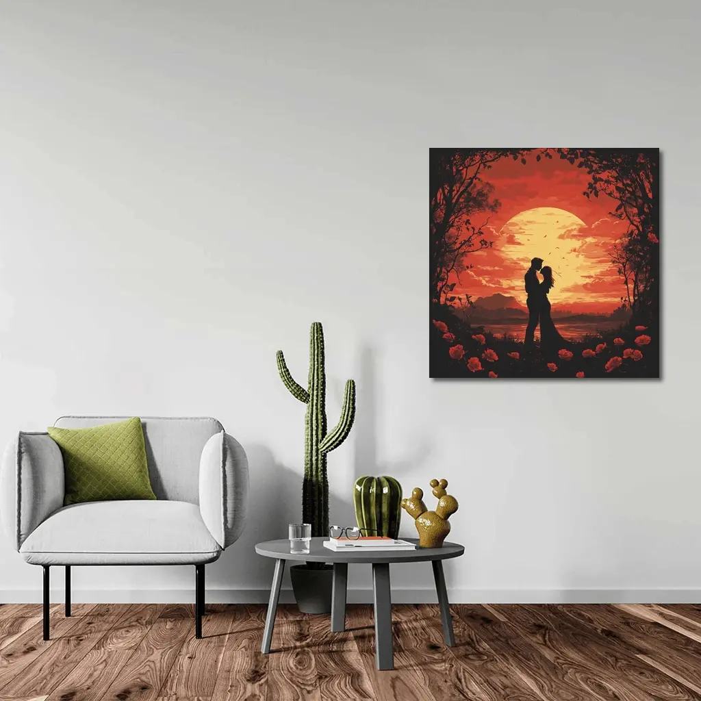 Romantic Couple Silhouette Red Moon Roses – Wall Art