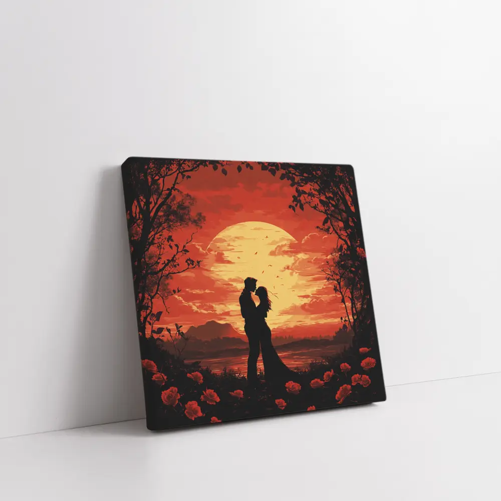 Romantic Couple Silhouette Red Moon Roses – Wall Art