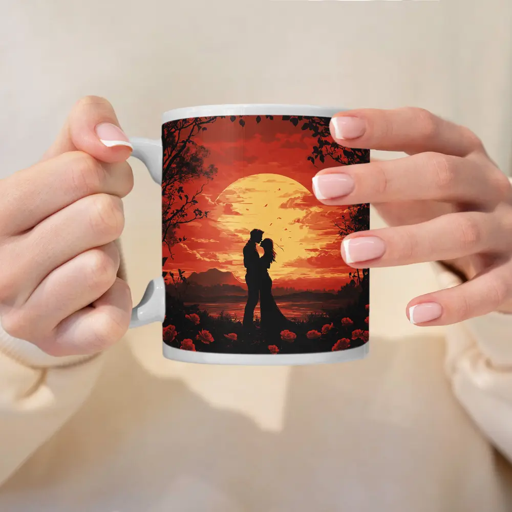 Romantic Couple Silhouette Red Moon Roses – Mugs