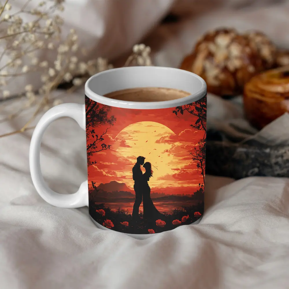 Romantic Couple Silhouette Red Moon Roses – Mugs