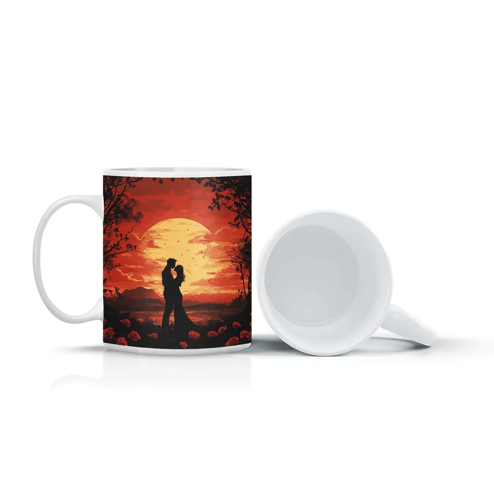 Romantic Couple Silhouette Red Moon Roses – Mugs