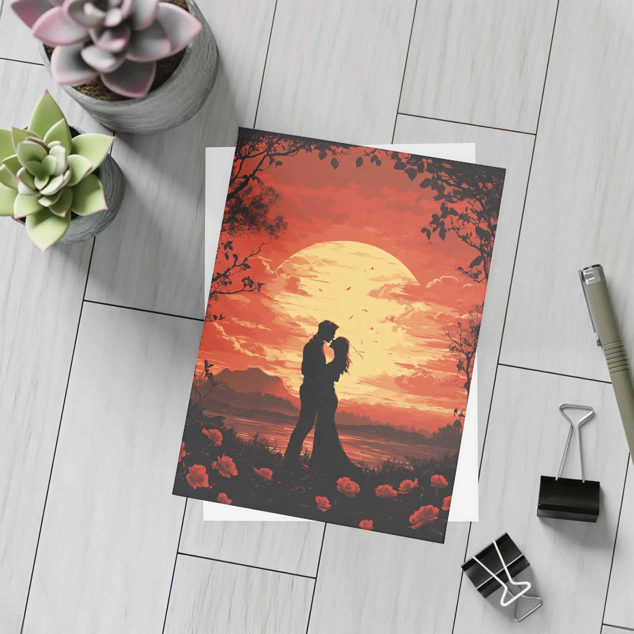 Romantic Couple Silhouette Red Moon Roses – Postcards