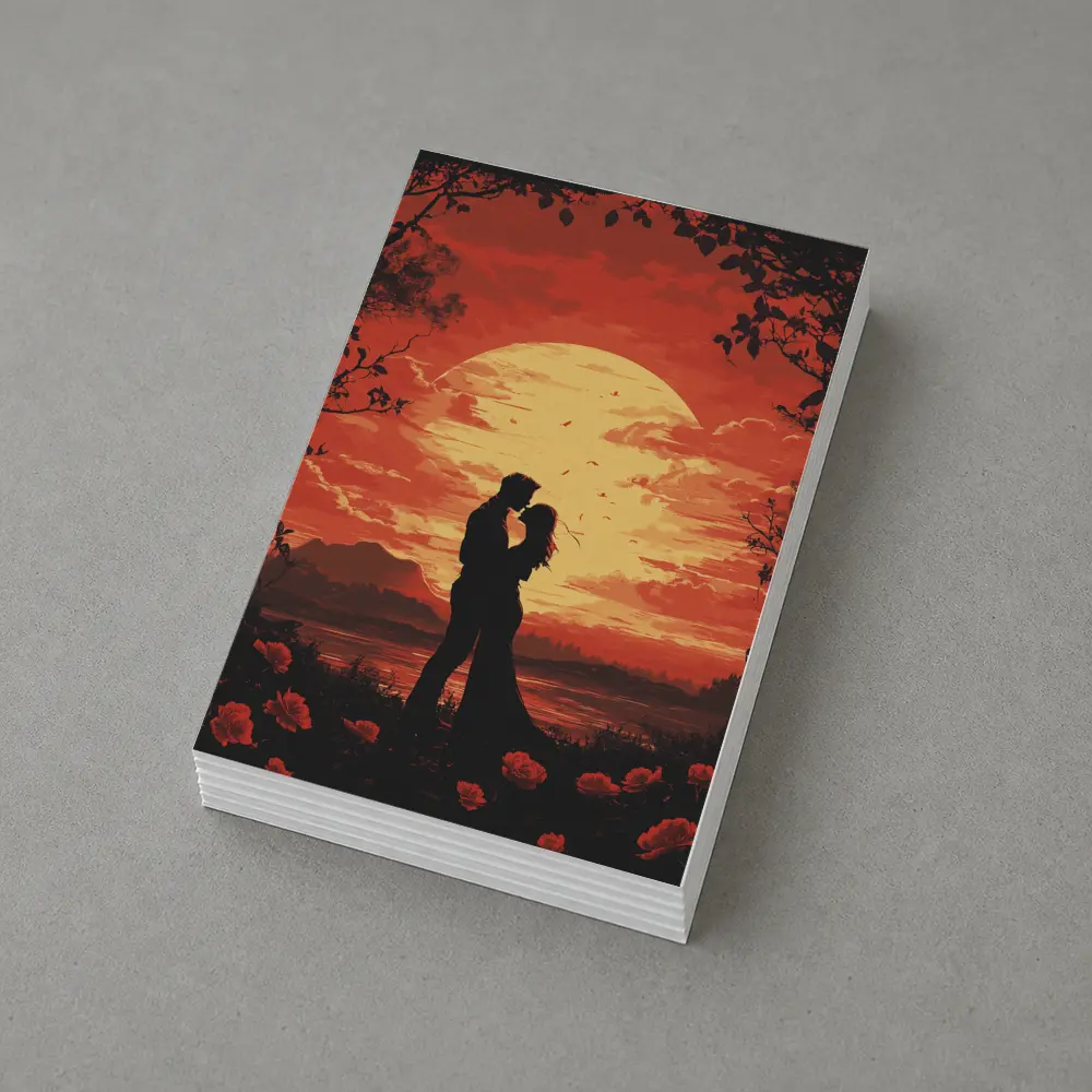 Romantic Couple Silhouette Red Moon Roses – Postcards