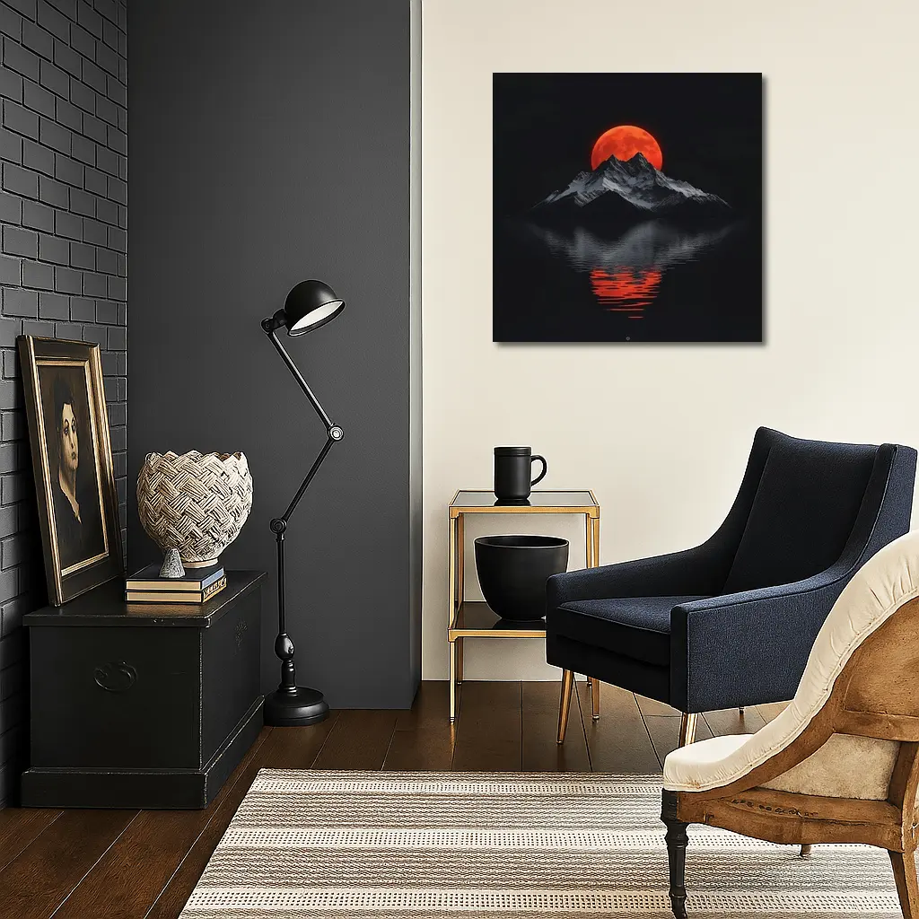 Red Blood Moon Over Dark Mountain Lake – Wall Art