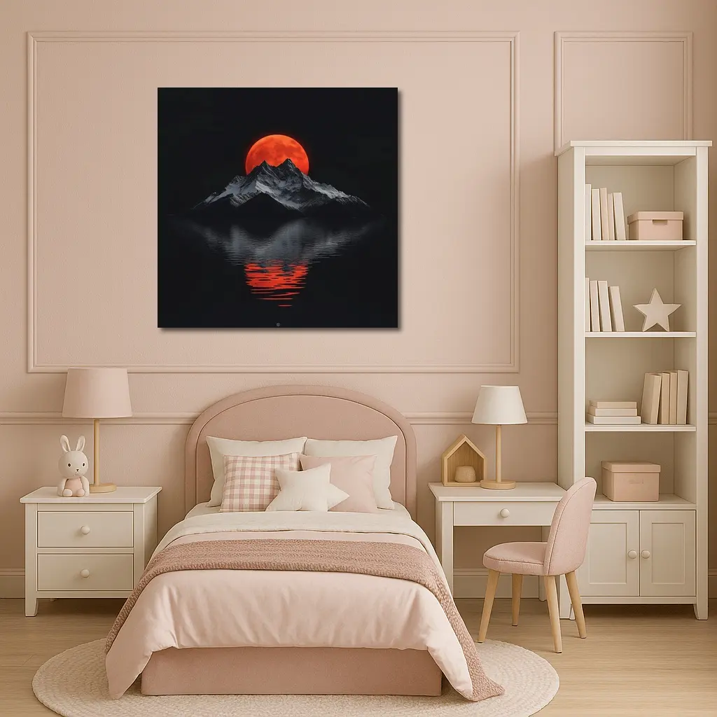 Red Blood Moon Over Dark Mountain Lake – Wall Art