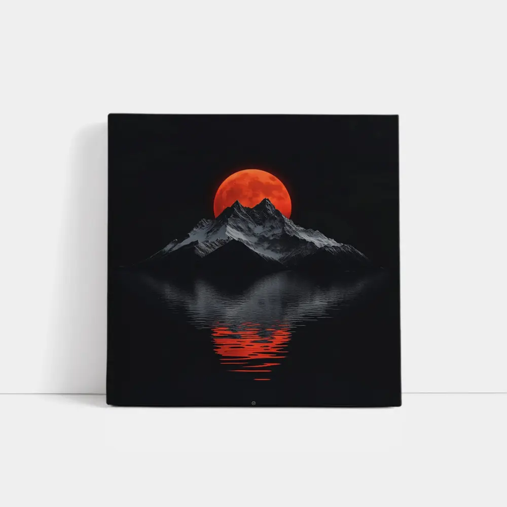 Red Blood Moon Over Dark Mountain Lake – Wall Art