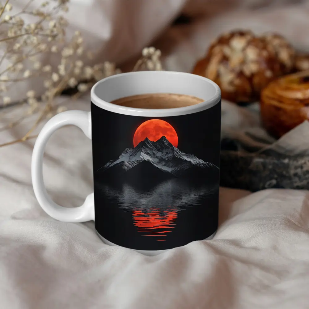 Red Blood Moon Over Dark Mountain Lake – Mugs