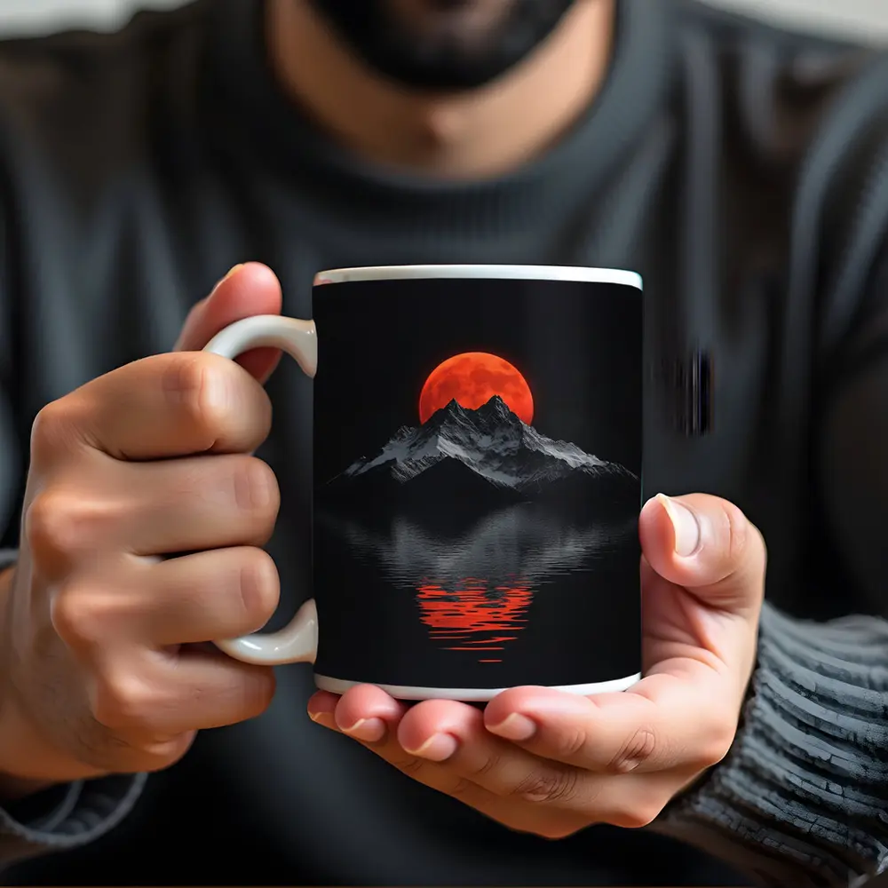 Red Blood Moon Over Dark Mountain Lake – Mugs