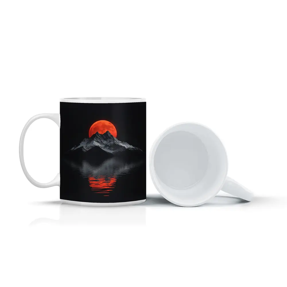 Red Blood Moon Over Dark Mountain Lake – Mugs