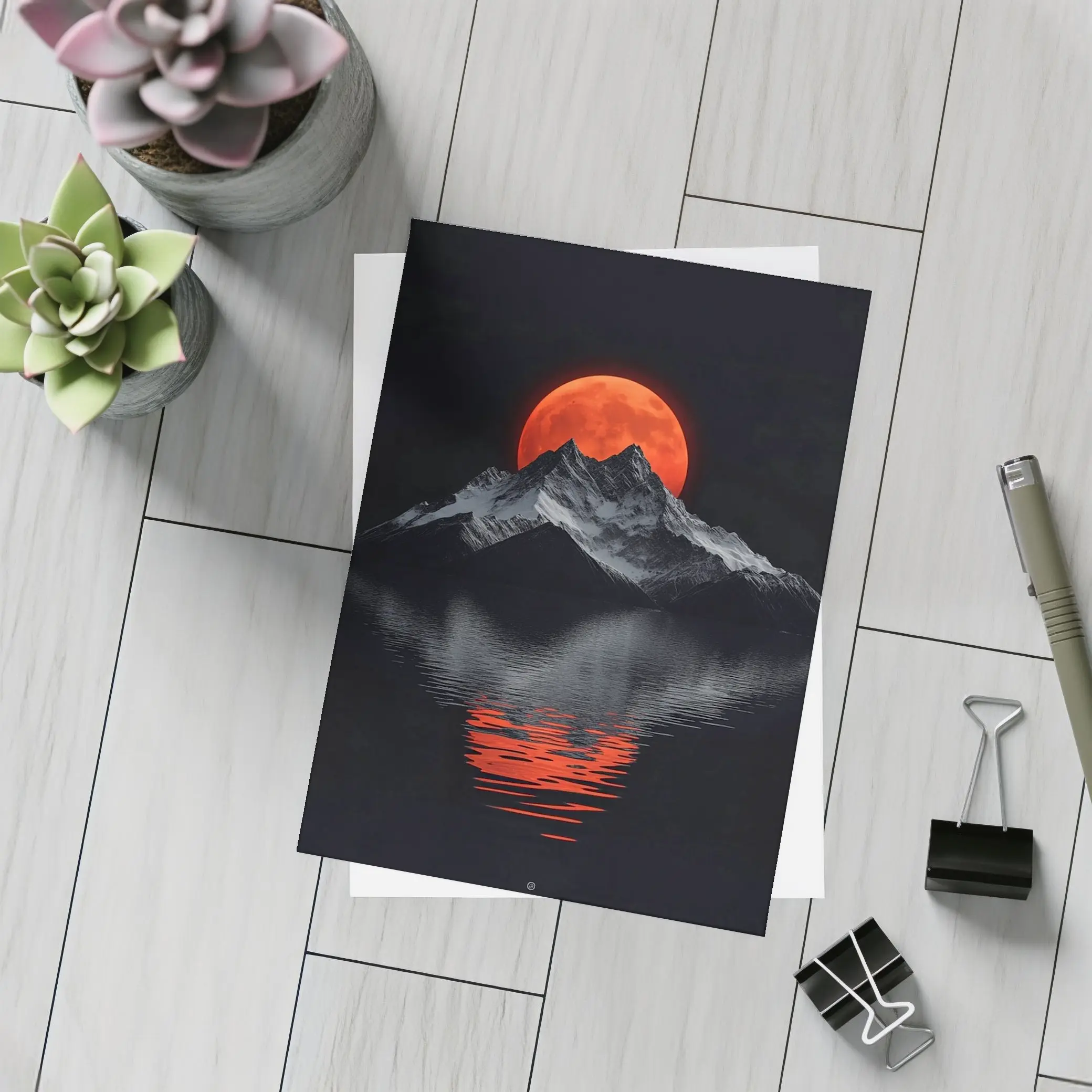 Red Blood Moon Over Dark Mountain Lake – Postcards