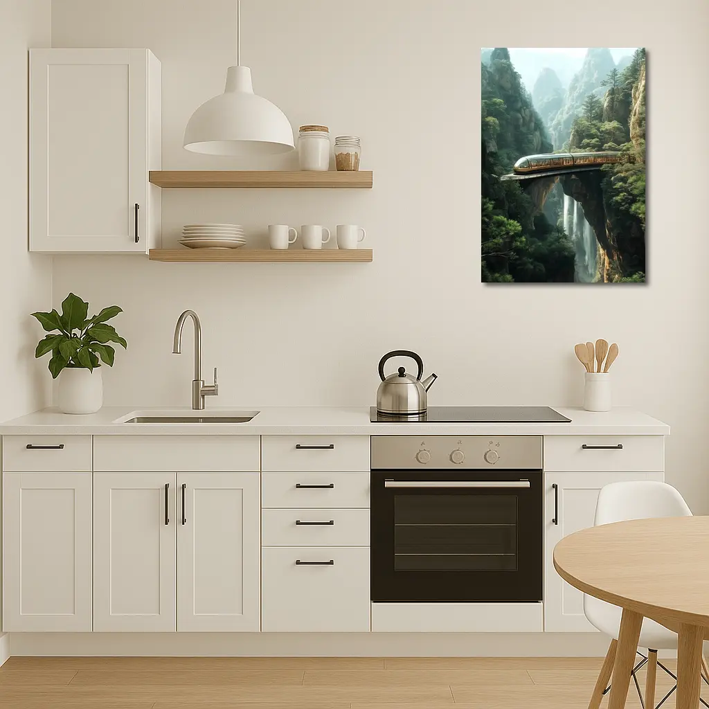 Futuristic Train Over Misty Mountain Waterfall – Wall Art