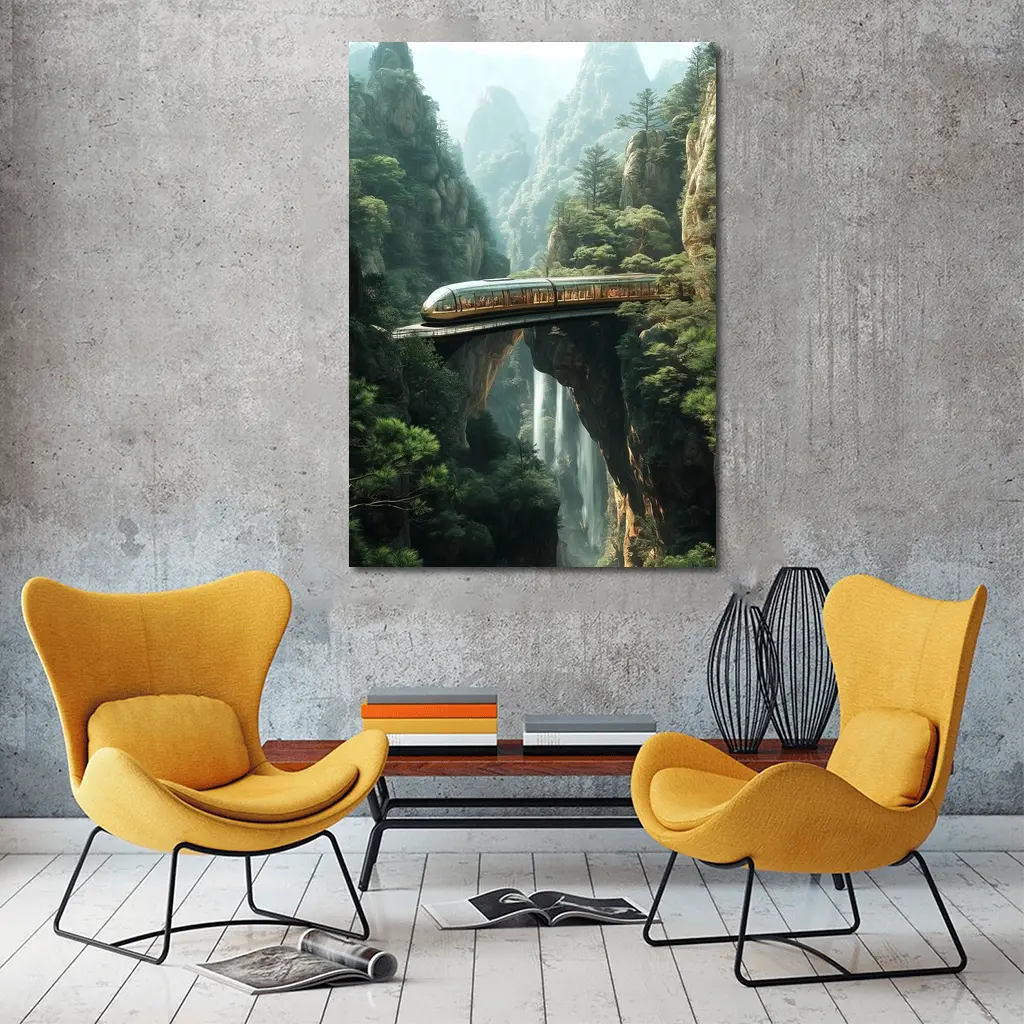 Futuristic Train Over Misty Mountain Waterfall – Wall Art