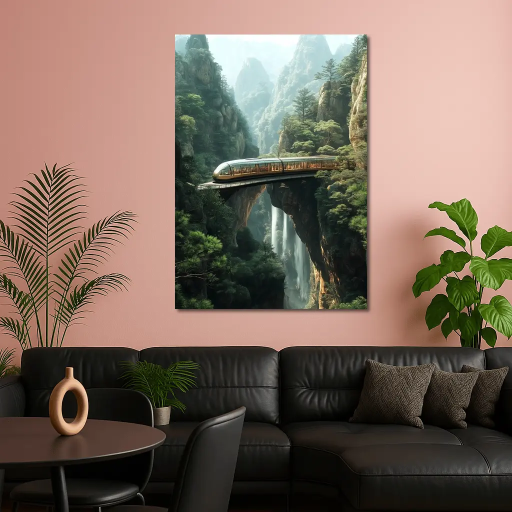 Futuristic Train Over Misty Mountain Waterfall – Wall Art